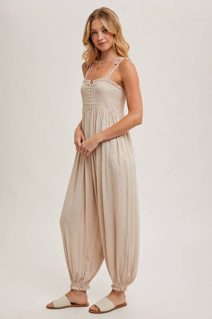 Gauze Smocked Button Front Shoulder Tie Jumpsuit - Whimsical Details - jumper, jumpsuit, transition