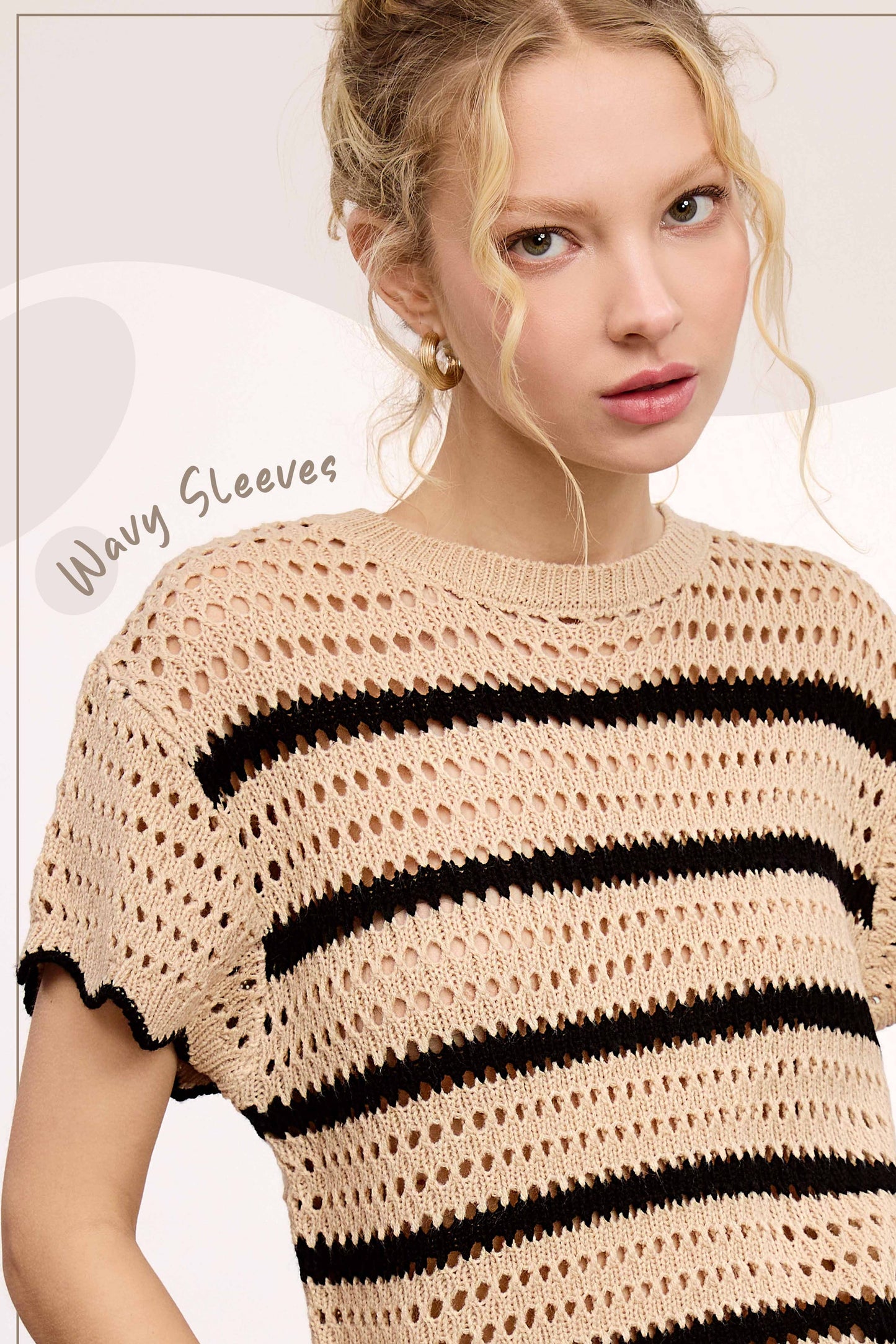 Round Neck Scalloped Edge Short Sleeve Sweater Easte