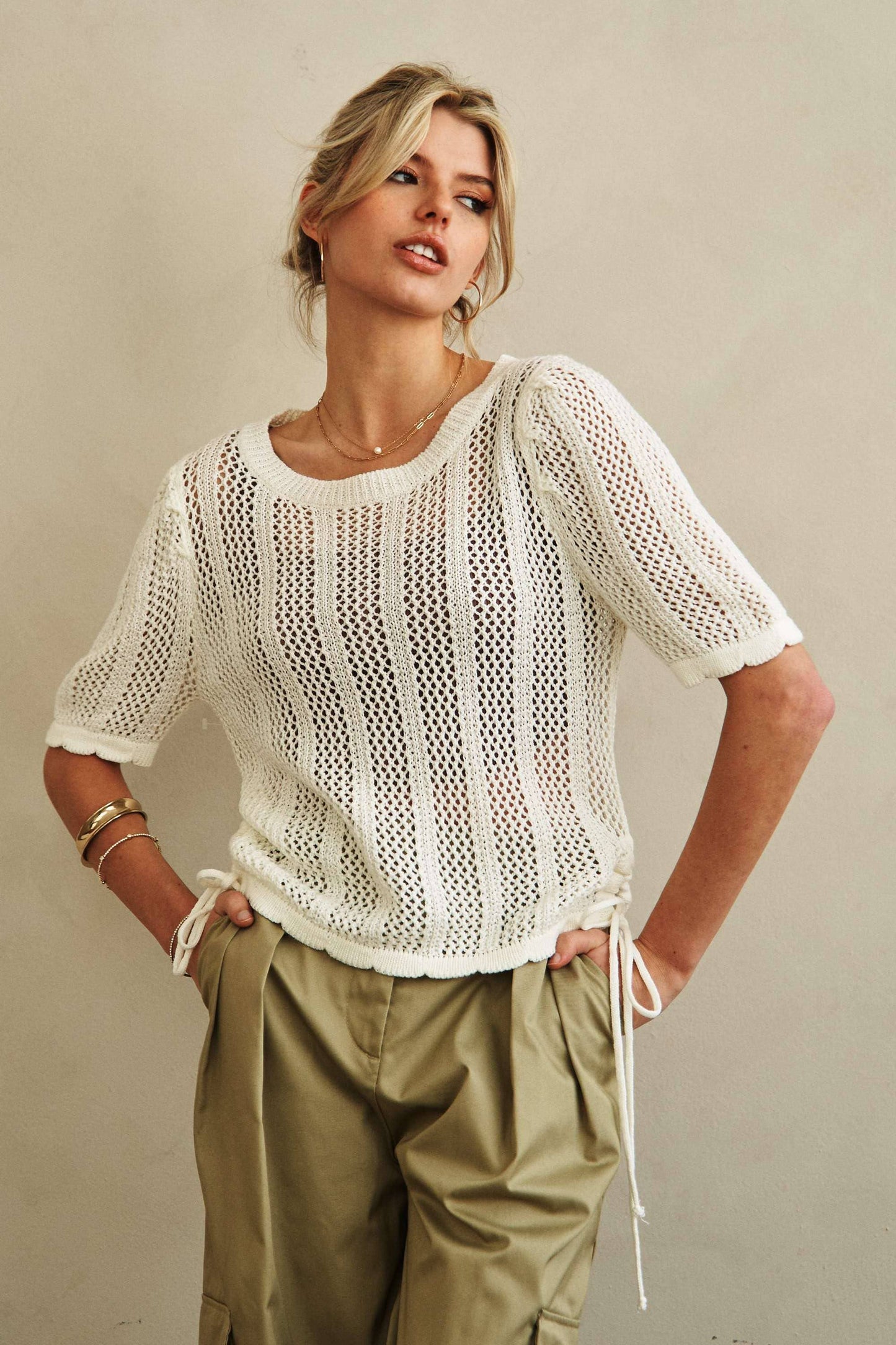 Boat Neck Crochet Knit Top with Side Drawstring - Whimsical Details