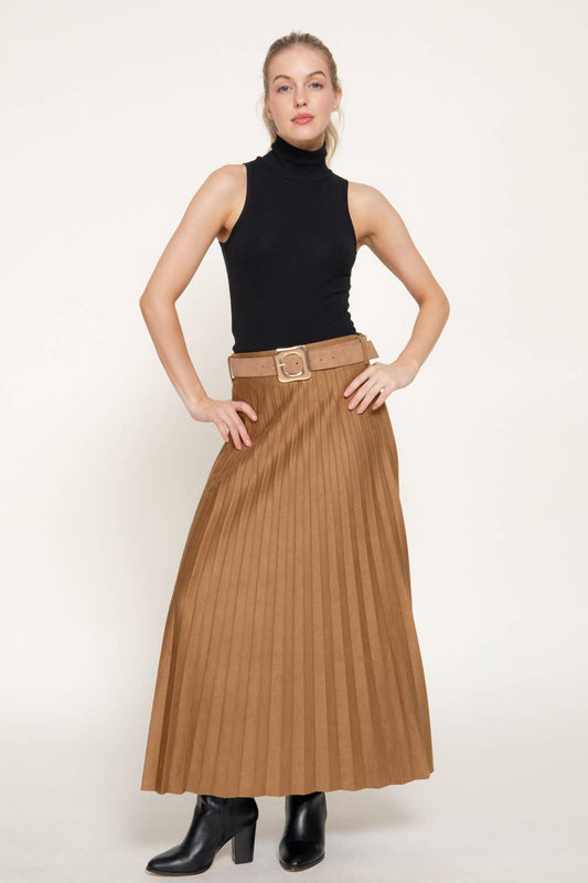 Belted Faux Suede Pleated Long Skirt