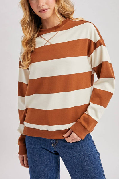 Striped Boxy Crew Neck Knit Sweatshirt
