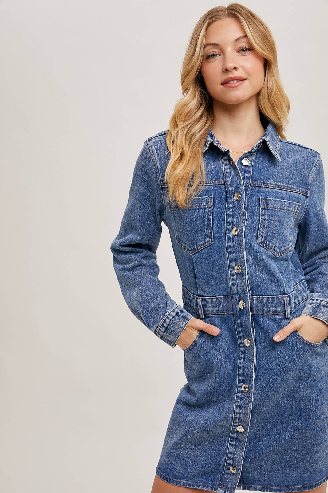 Denim Button Down Mini Dress - Whimsical Details - denim dress, Long sleeve, transition