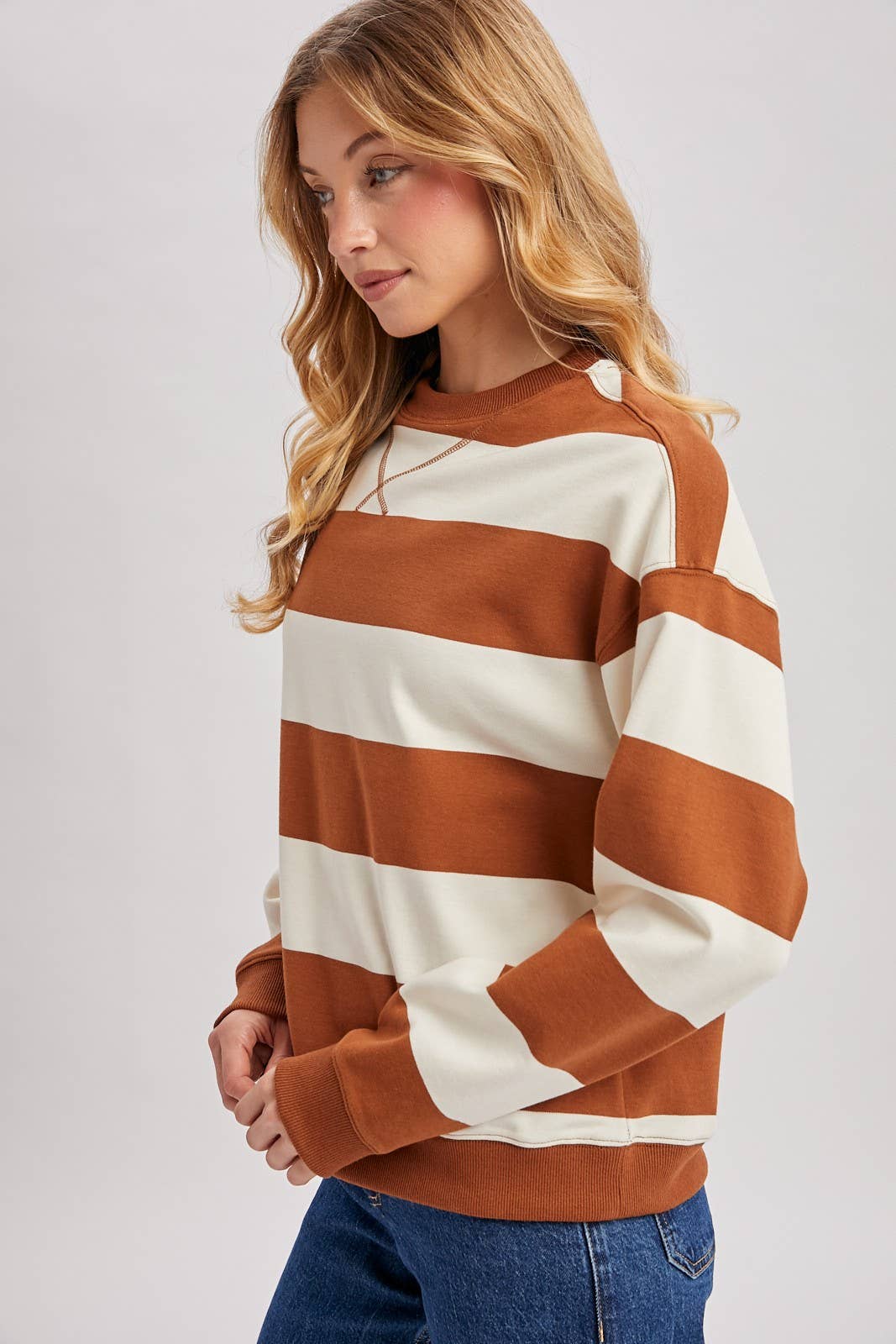 Striped Boxy Crew Neck Knit Sweatshirt