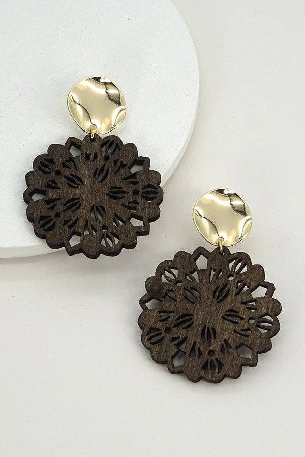 Danica Round Laser Cutout Wood Earrings