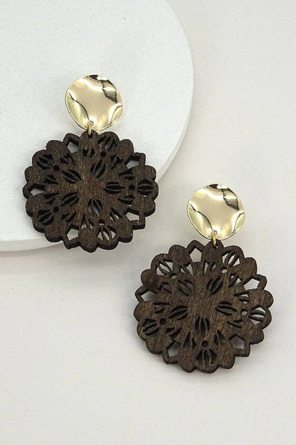Danica Round Laser Cutout Wood Earrings