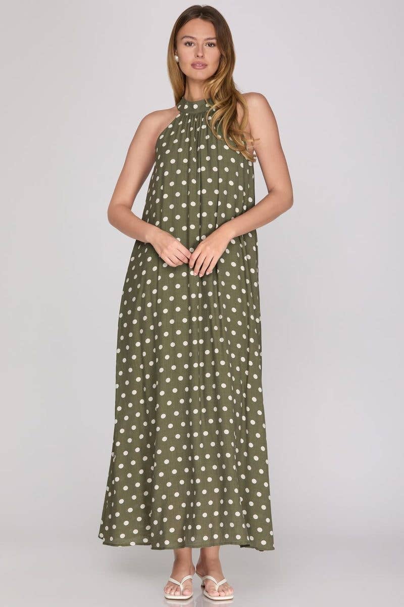 Polka Dot Print Halter Maxi Dress