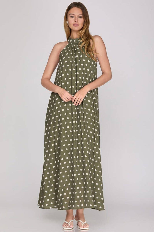 Polka Dot Print Halter Maxi Dress