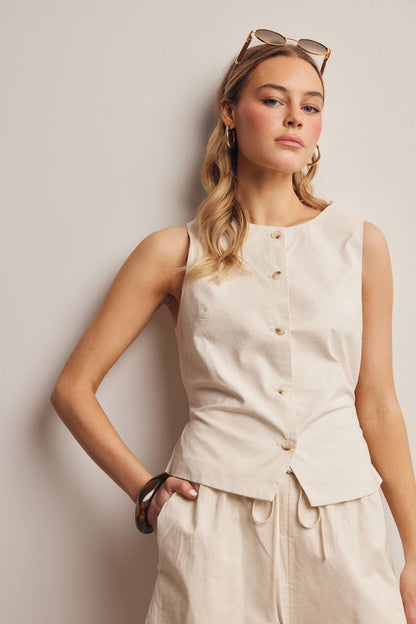 Linen Blend Button-Front Vest Top