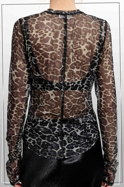 Semi Sheer Leopard Printed Long Sleeve Mesh Top