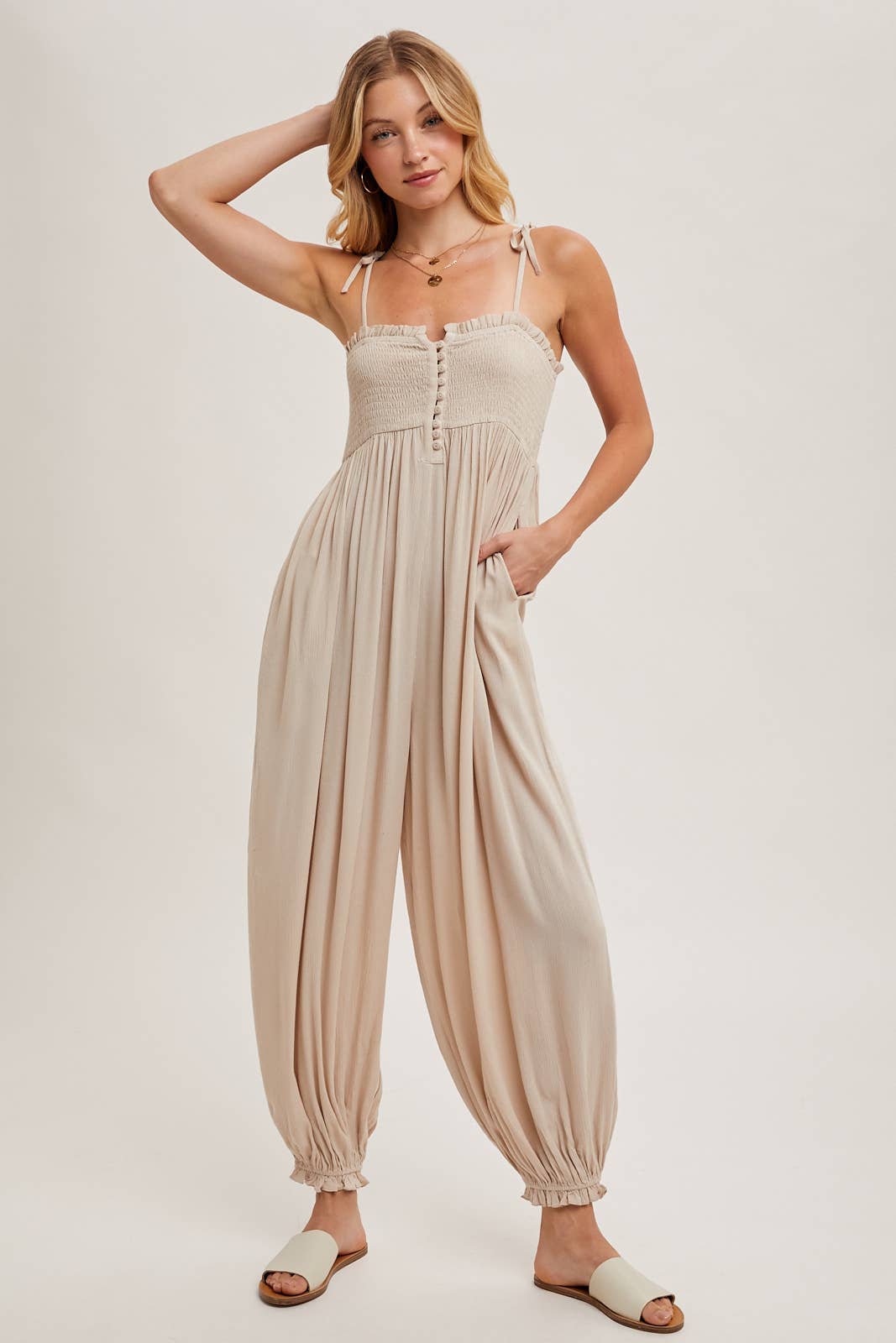 Gauze Smocked Button Front Shoulder Tie Jumpsuit - Whimsical Details - jumper, jumpsuit, transition