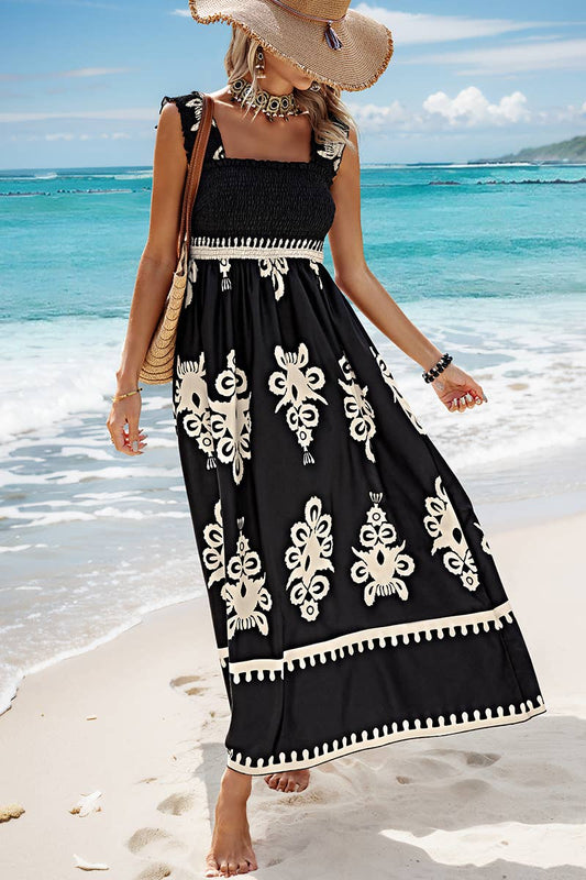 Ruched Square Neck Sleeveless High Waist Dress - Whimsical Details - black and white, dress, squareneck