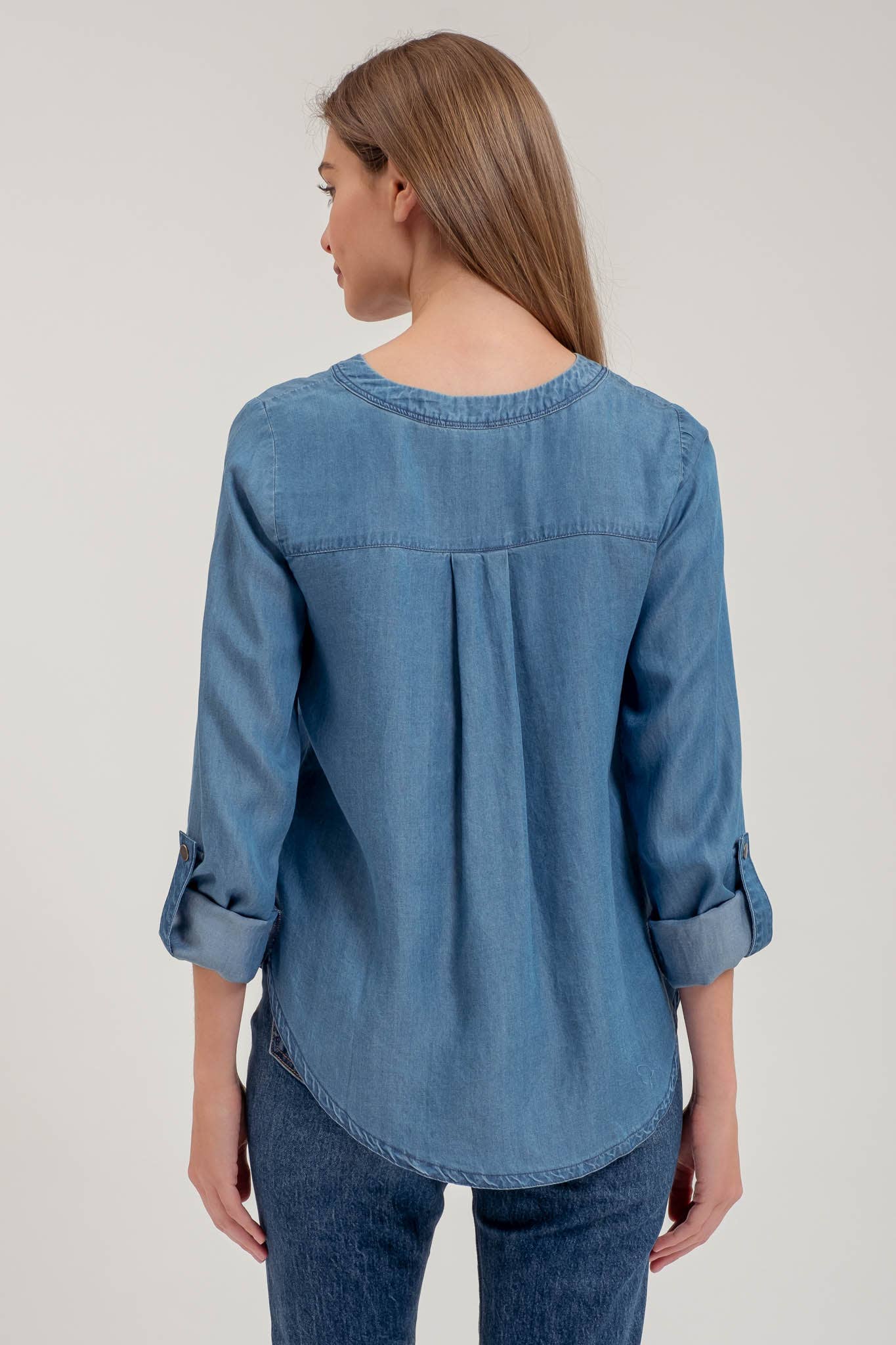 Chambray V-Neck Half Button Long Sleeve Top