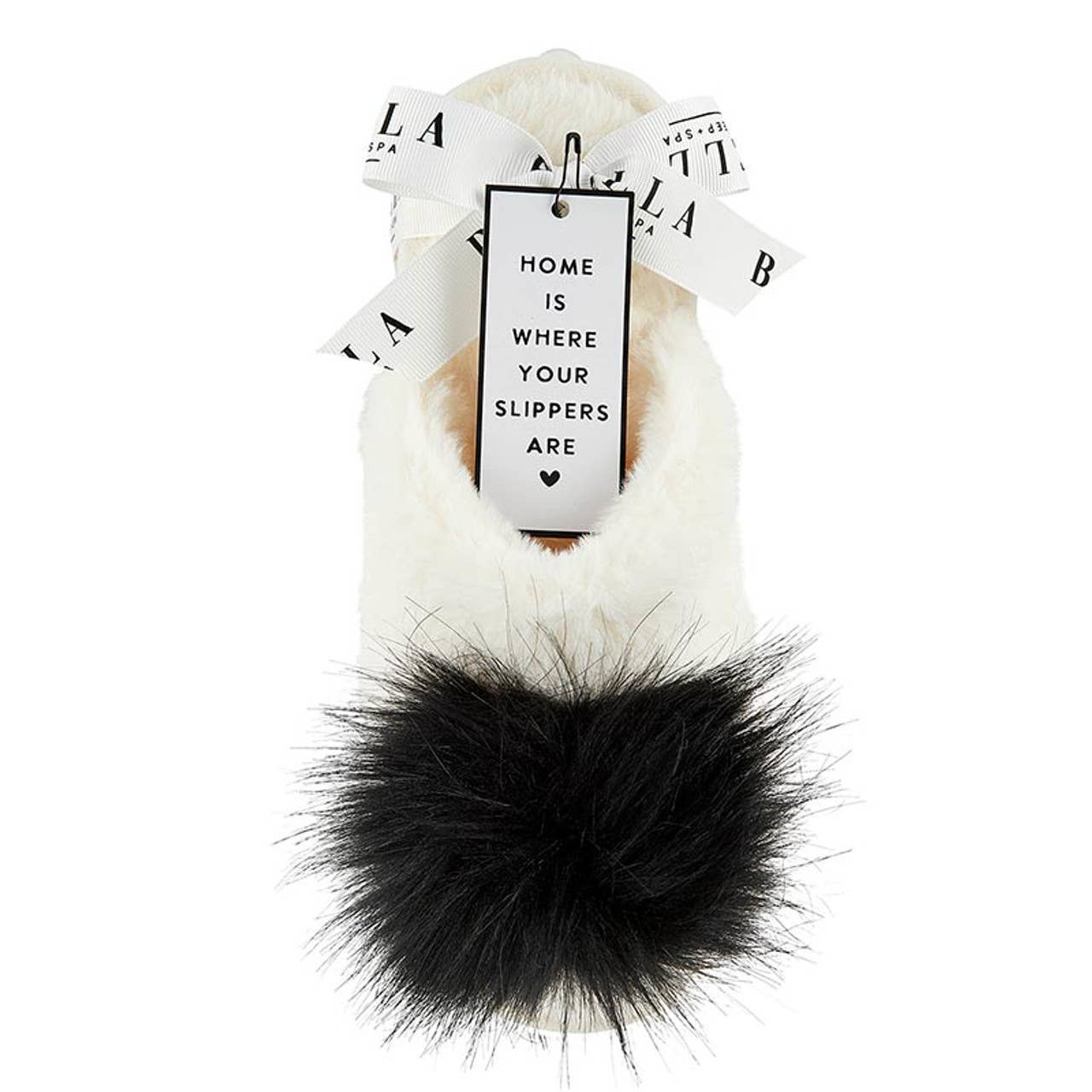 Plush Slippers - Ivory with Black Pom Pom - Whimsical Details - []