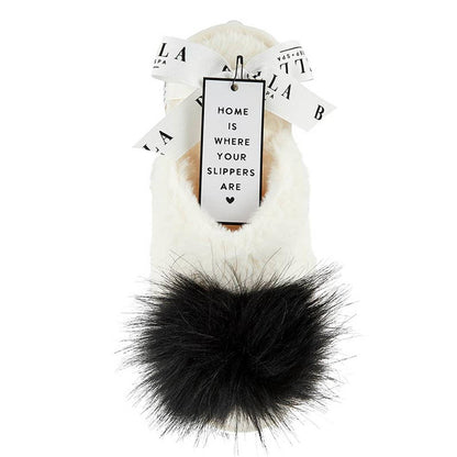Plush Slippers - Ivory with Black Pom Pom - Whimsical Details - []