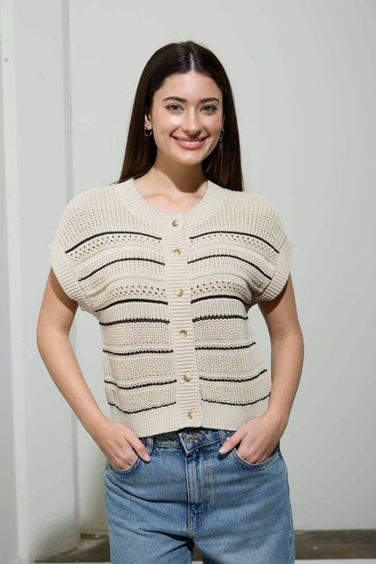 Multi-Stripe Short Sleeve Button Down Cardigan