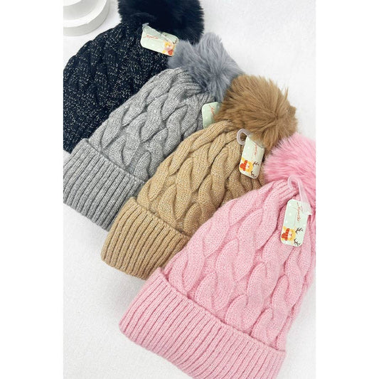 Double Layer Glittered Adult Beanie with Pom Pom