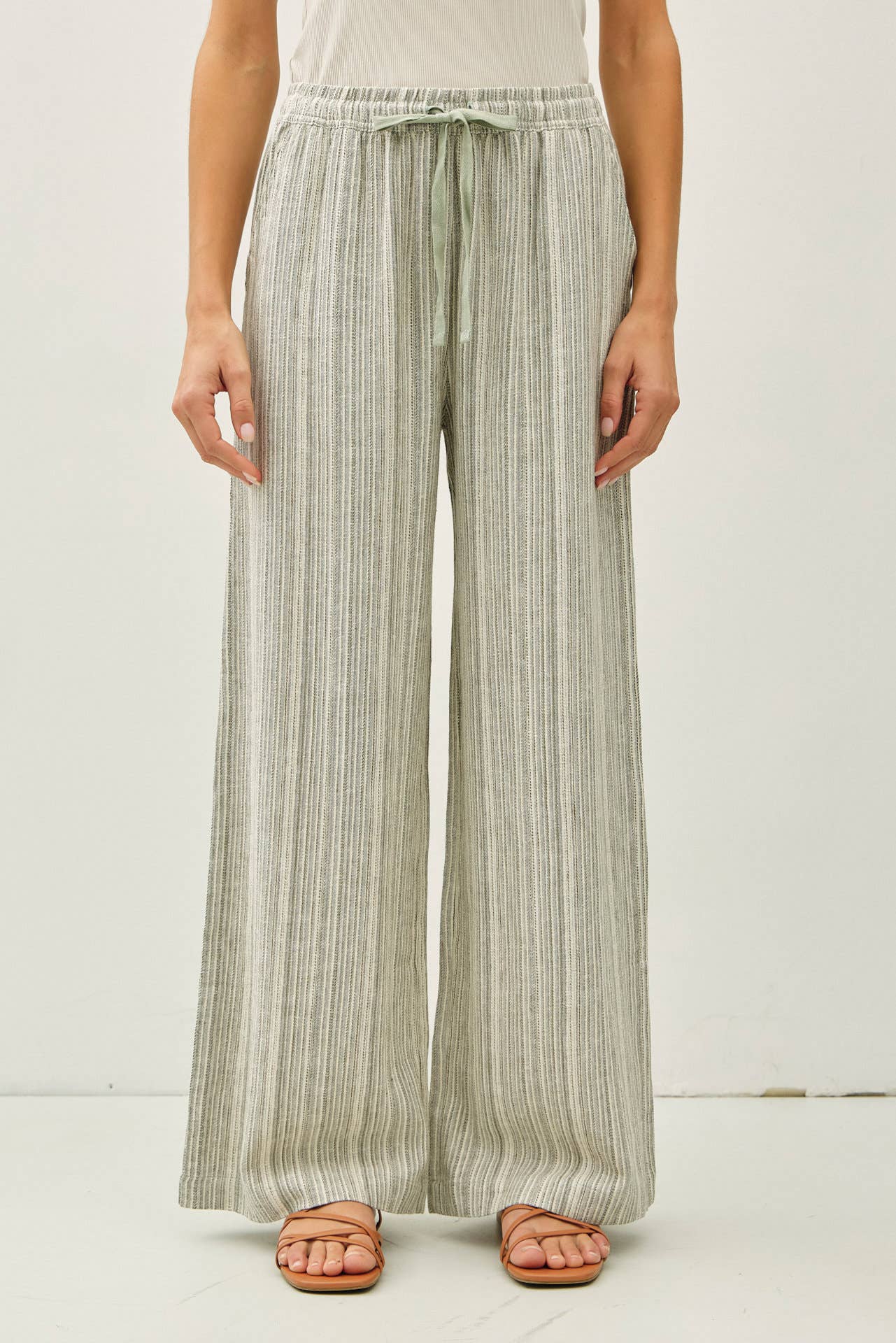 29" INSEAM STRIPED LINEN WIDE LEG PANTS - Whimsical Details - ["flouncy pants","green pants","linen pants","pants","stripe","striped","stripes","sweat pants"]
