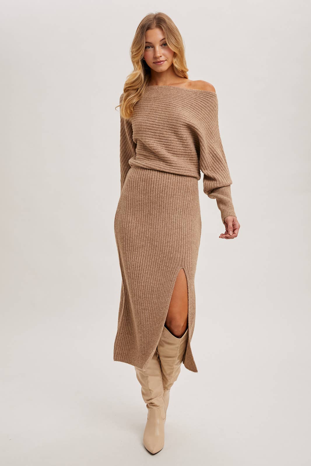 One Shoulder Off Side Slit Midi Knit Sweater Dress