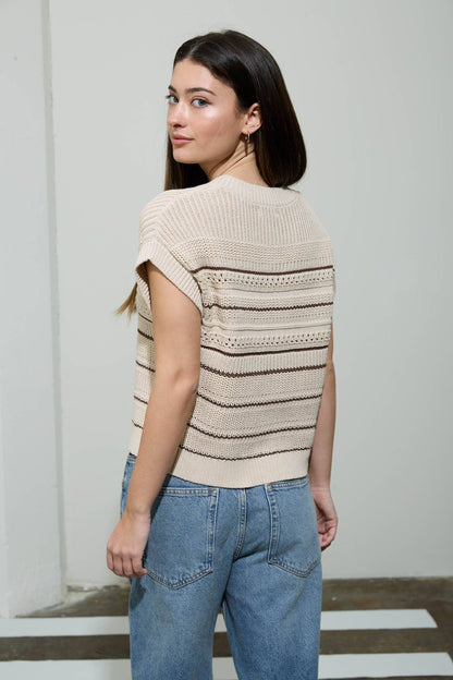 Multi-Stripe Short Sleeve Button Down Cardigan