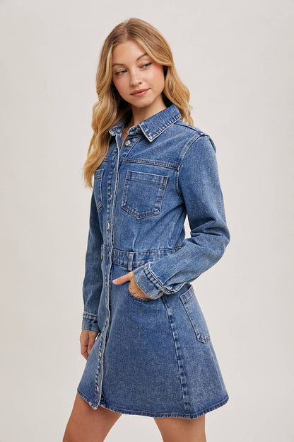 Denim Button Down Mini Dress - Whimsical Details - denim dress, Long sleeve, transition