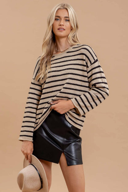 STRIPE BOAT NECK DROP SHOULDER KNIT SWEATER - Whimsical Details - 