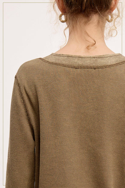 Waffle Long Sleeve Button Front Henley Top