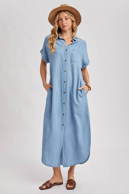 Denim Button Down Side Slit Shirt Maxi Dress