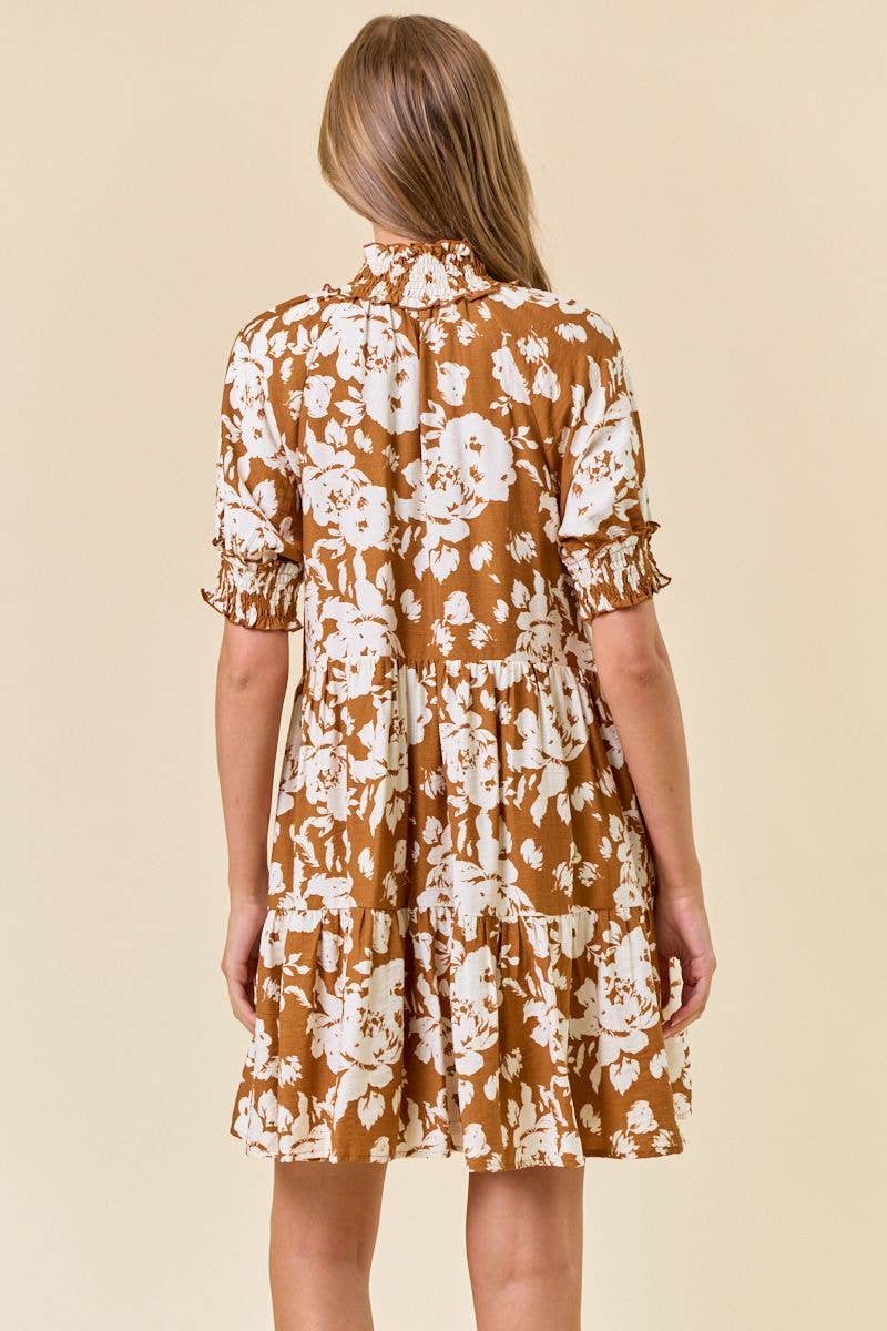 Floral Print Split V-Neck Puff Short Sleeve Dress