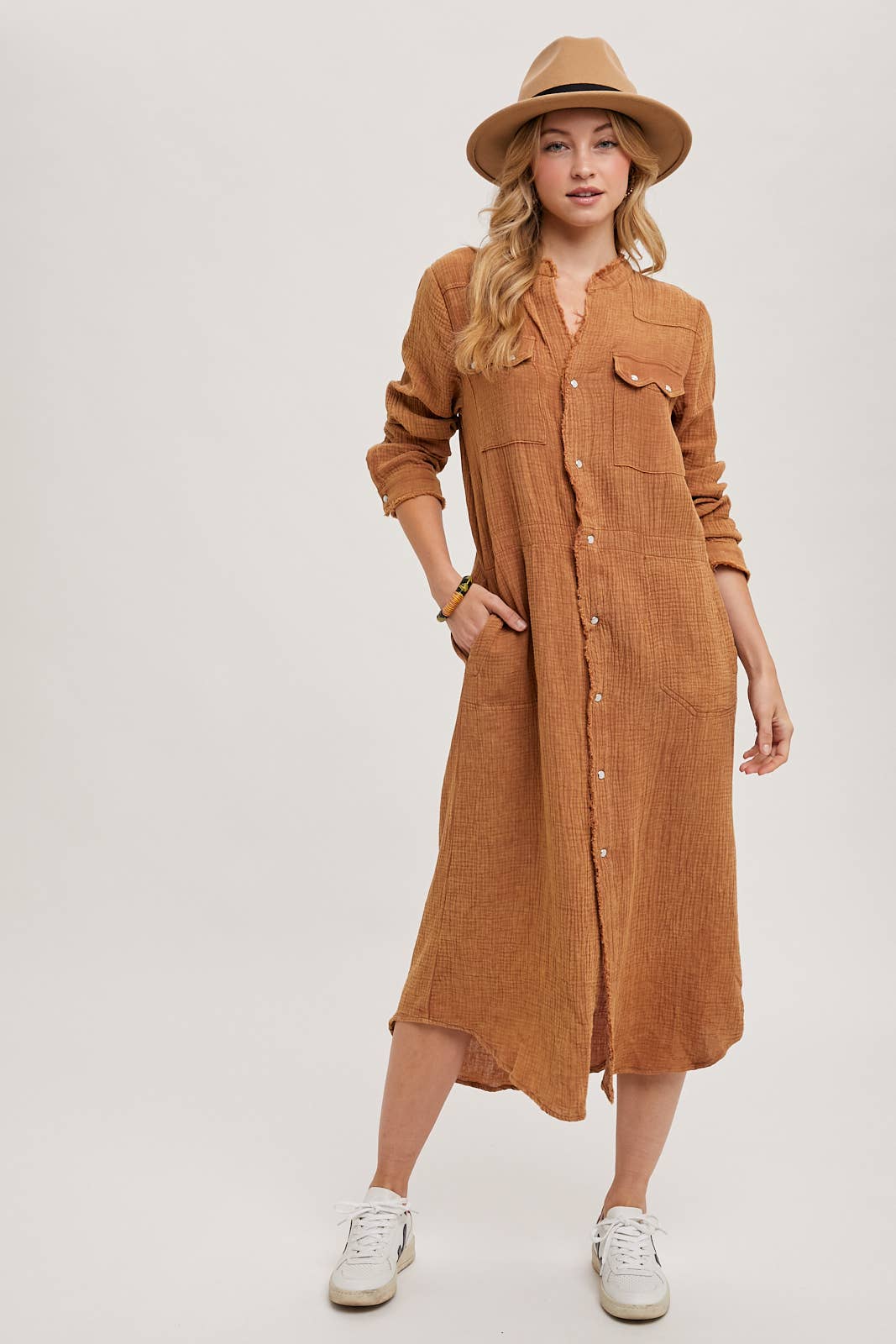 Washed Denim Midi Button Down Shirt Dress - Whimsical Details - transition