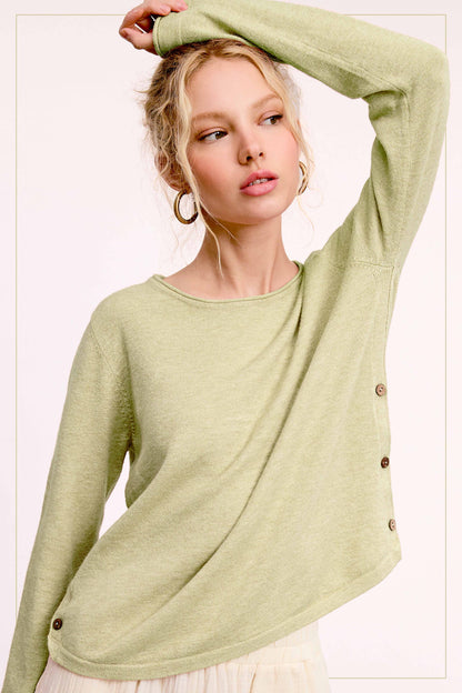 Super Soft Rolled Hem Side Button Stretchy Knit Top