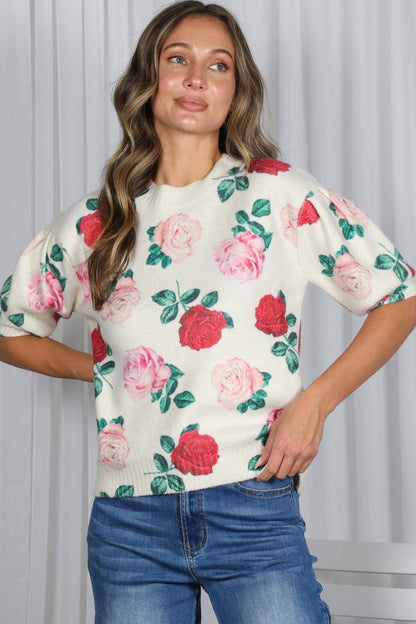 English Roses Crew Neck Cozy Soft Knit Sweater