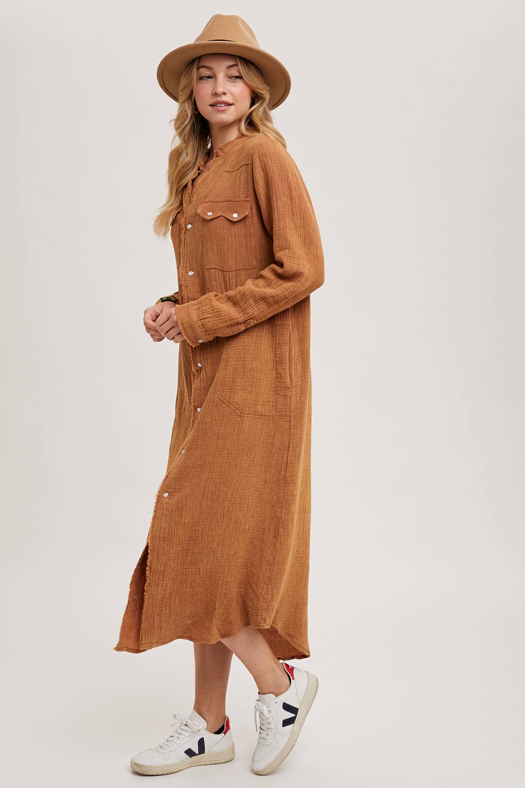 Washed Denim Midi Button Down Shirt Dress - Whimsical Details - transition