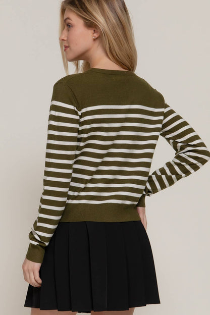 Long Sleeve Crew Neck Stripe Sweater Cardigan