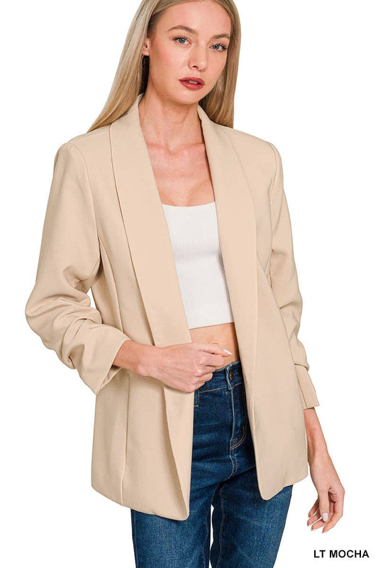Woven 3/4 Ruched Sleeve Open Front Classic Blazer