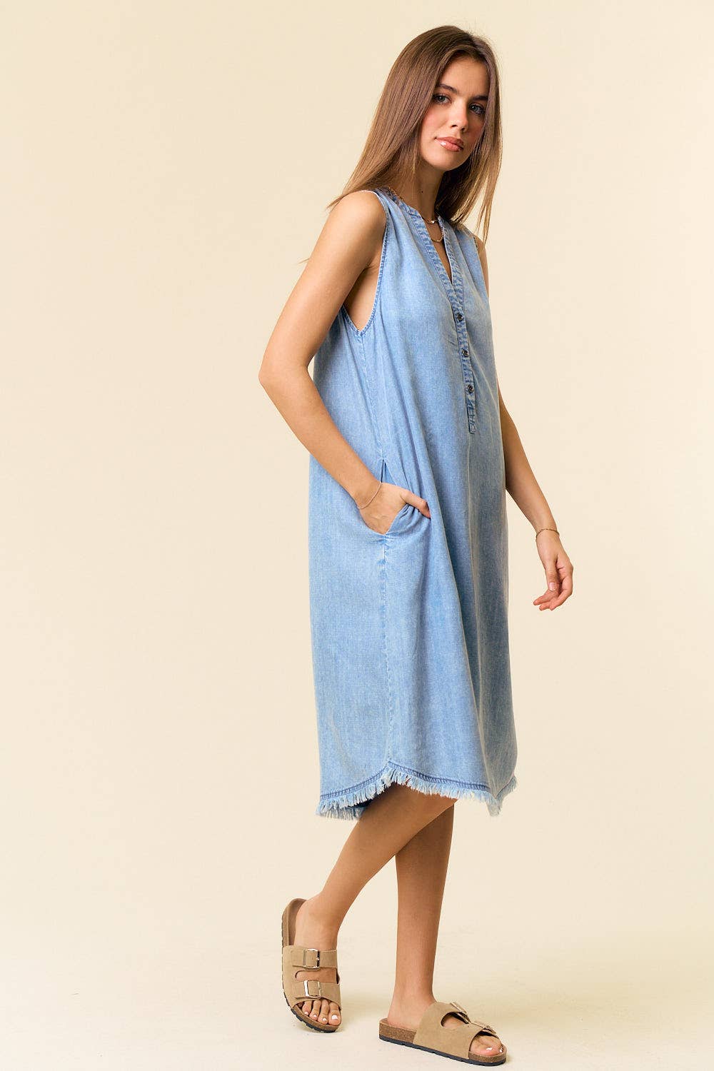 Tencel Denim Knee Length Sleeveless Henley Dress - Whimsical Details - ["denim dress","light blue","tencel"]