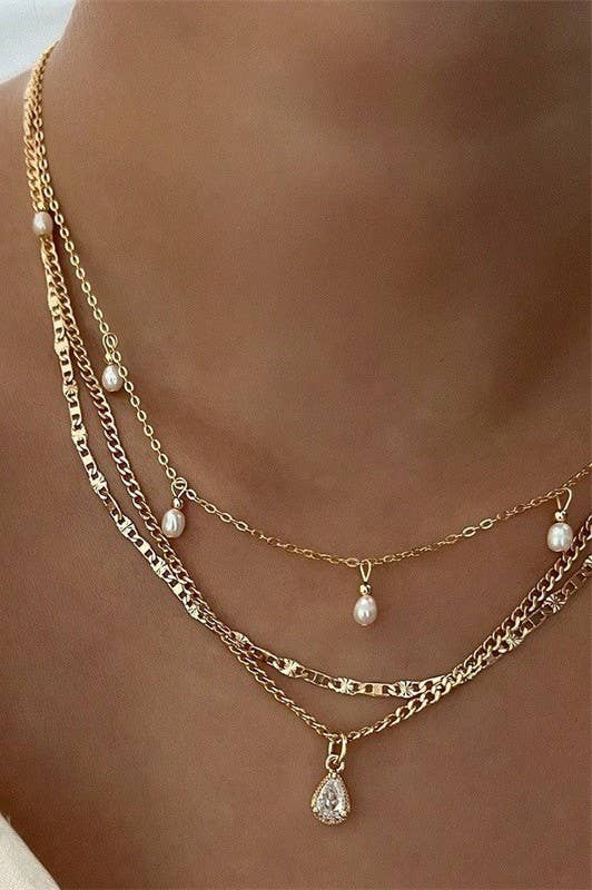 BRENNA MULTI LAYER STONE CHAIN TEARDROP CHARM NECKLACE