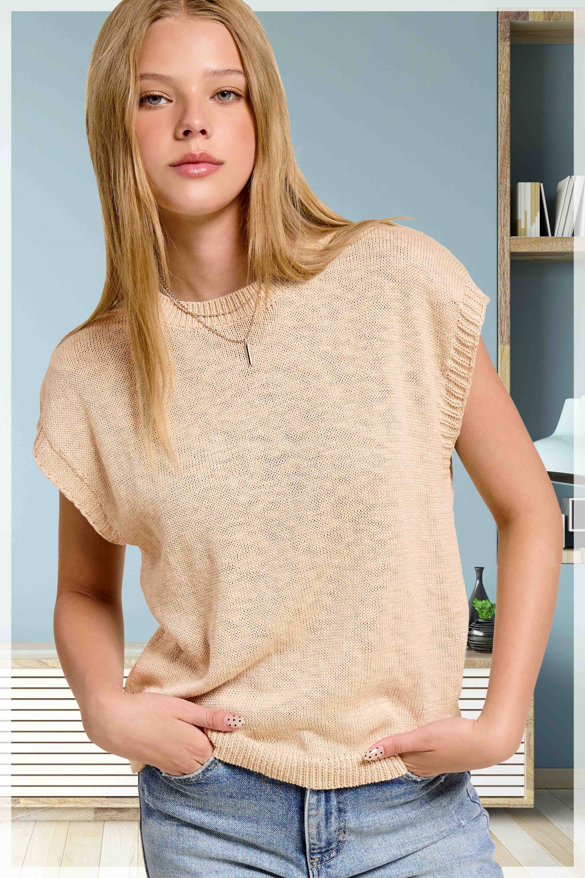 Loose Fit Sleeveless Ribbed Knit Crew Neck Top - Whimsical Details - ["Milk","sweater Tank","tank","tank top"]