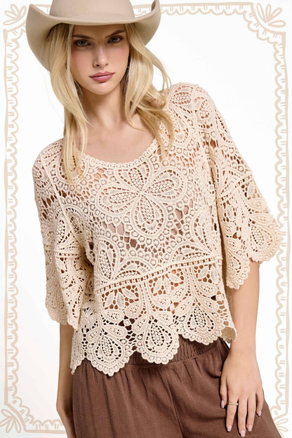 Floral Crochet Layering Top with 3/4 Bell Sleeves