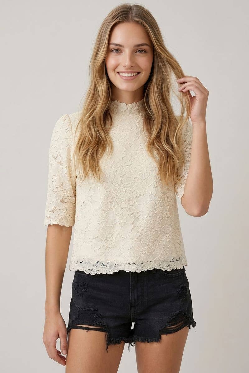 Lace Mock Neck Scallop Detail Top