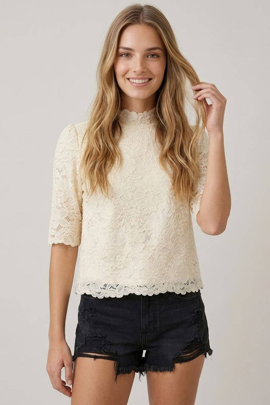 Lace Mock Neck Scallop Detail Top