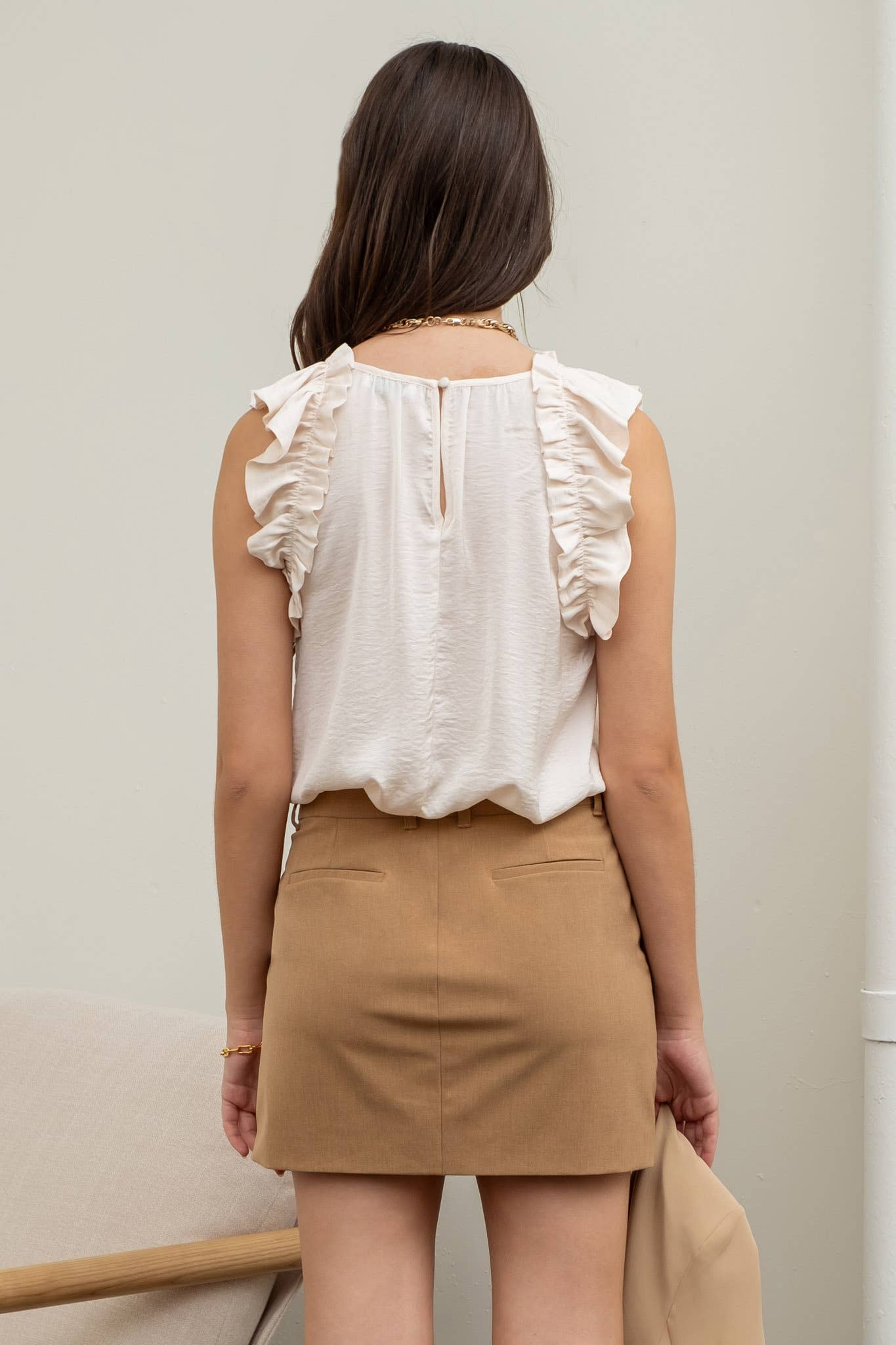 Sleeveless Ruffle Trim Blouse - Whimsical Details - ["Ruffle sleeve","summer","work outift"]
