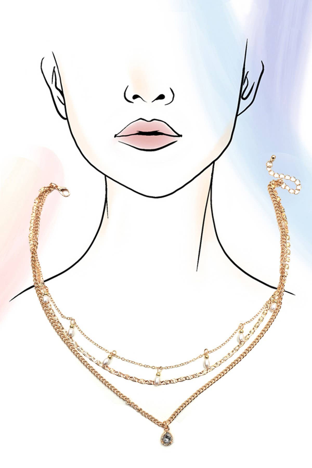 BRENNA MULTI LAYER STONE CHAIN TEARDROP CHARM NECKLACE