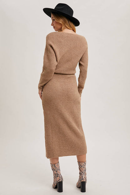 One Shoulder Off Side Slit Midi Knit Sweater Dress