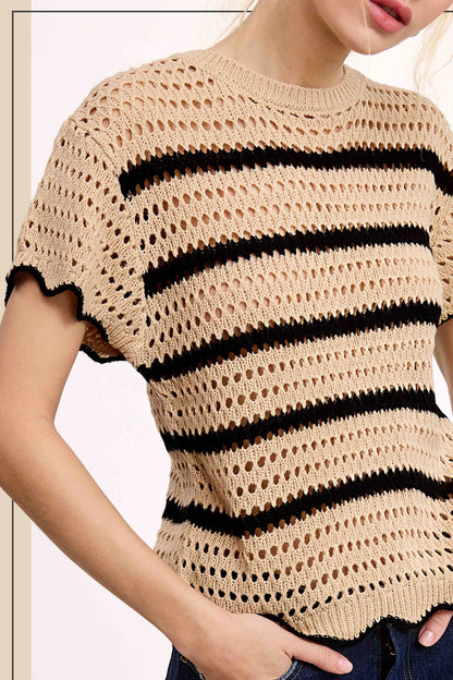 Round Neck Scalloped Edge Short Sleeve Sweater Easte