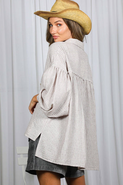 Stripe Print Long Balloon Sleeve Oversized Shirt - Whimsical Details - ["shirt","Spring","striped","stripes","top","tops"]