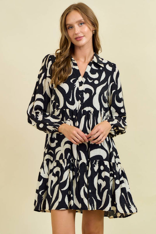 LEAF PRINTED POPLIN HALF BUTTON DOWN MINI DRESS