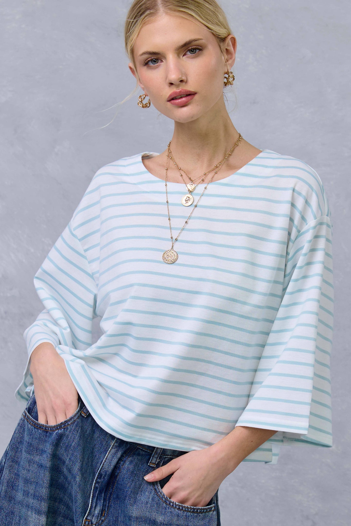 Striped Semi Crop Top with 3/4 Bell Sleeves