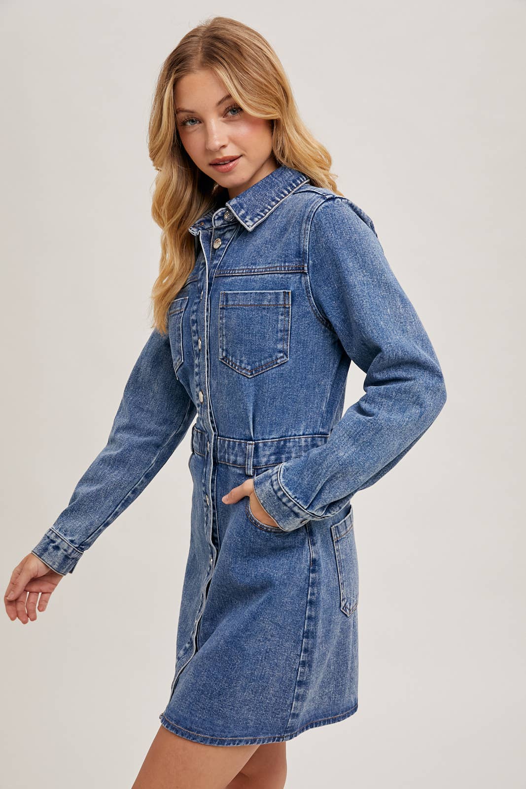 Denim Button Down Mini Dress - Whimsical Details - denim dress, Long sleeve, transition