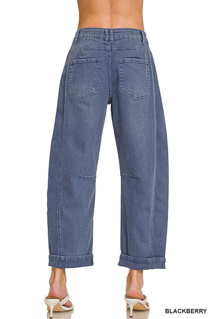 High Rise Barrel-leg Cropped Color Denim Pants