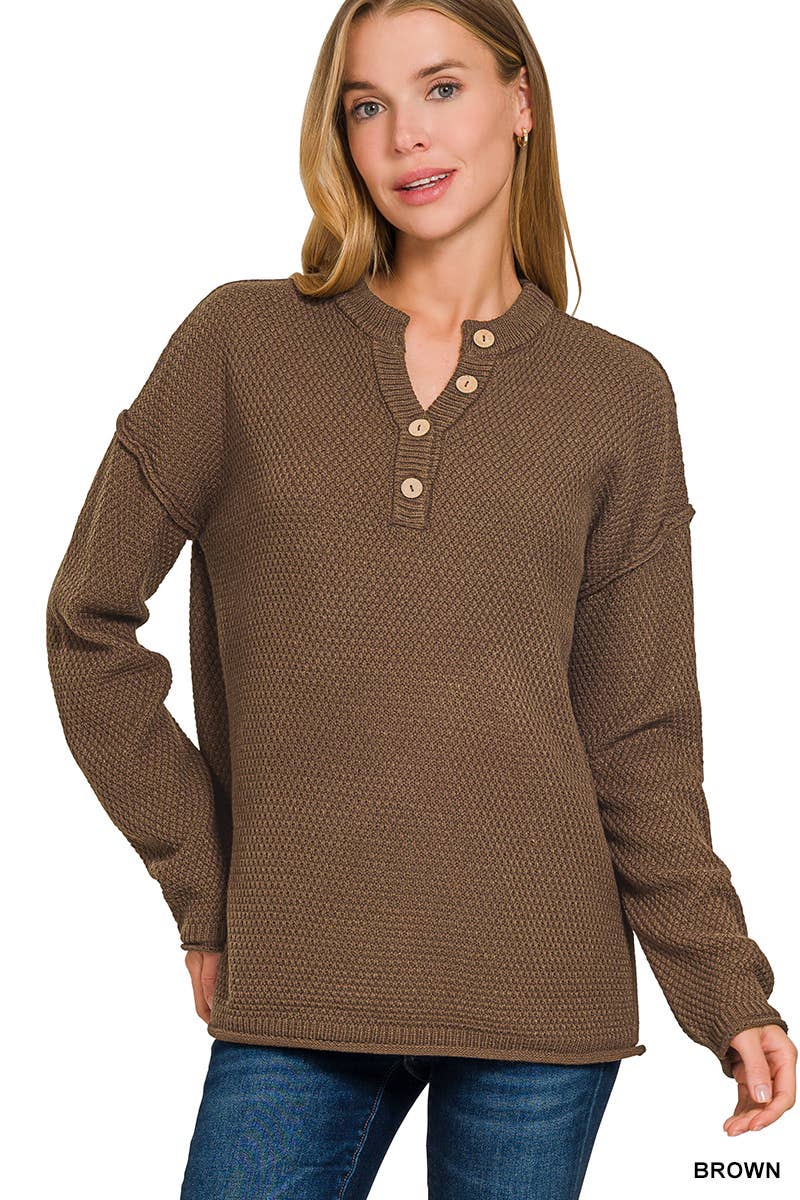 4 Buttons Henley Neckline Basic Sweater